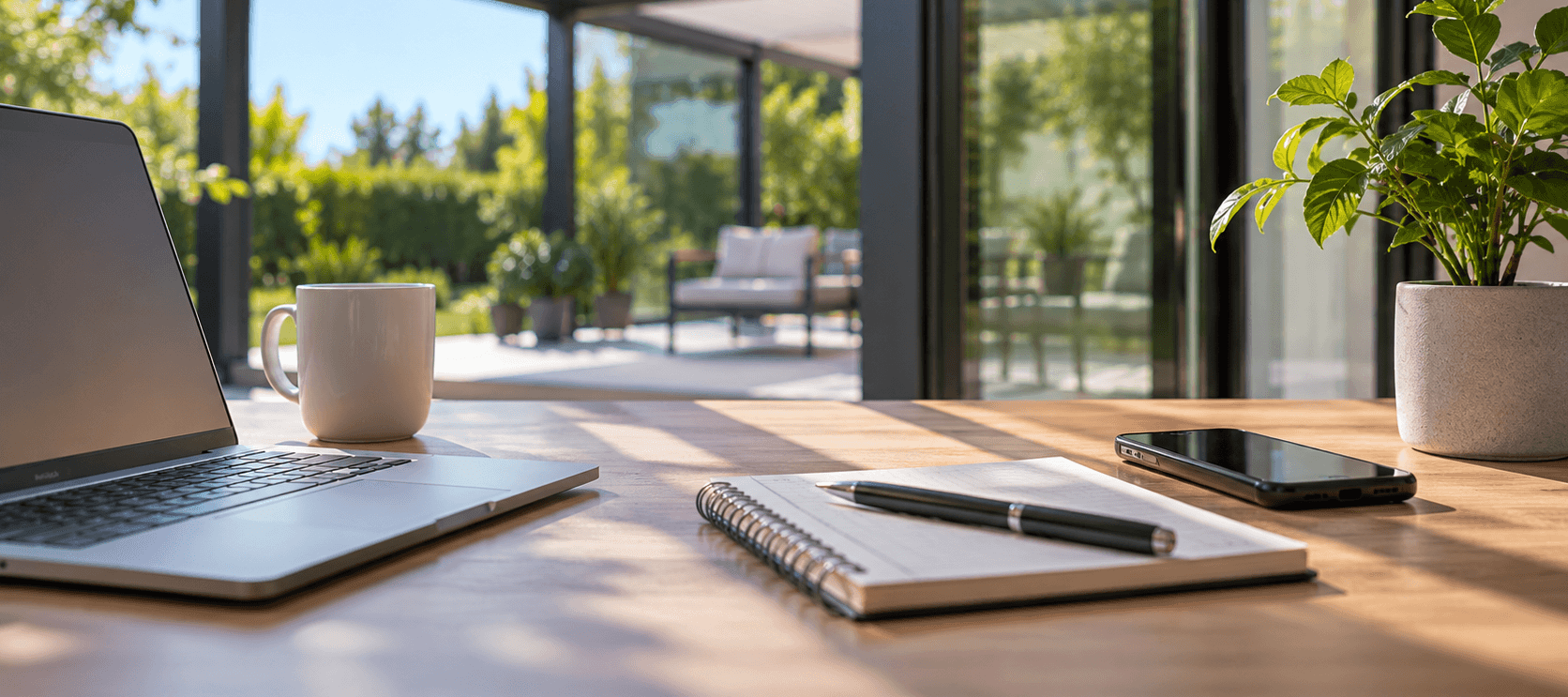 Bureau en bois avec ordinateur portable, tasse, carnet et téléphone, face à une terrasse visible à travers une baie vitrée
