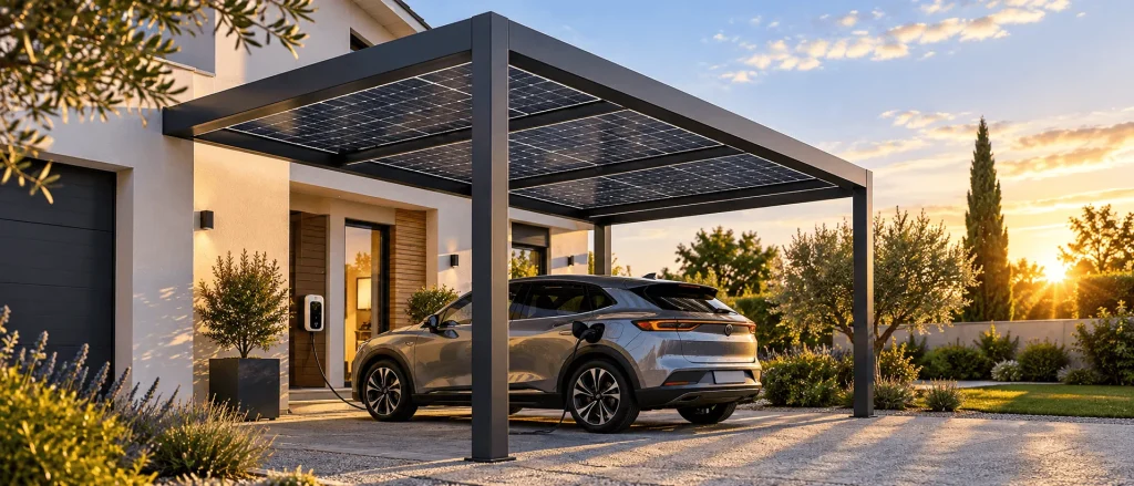 Carport couvert de panneaux solaires devant une maison, voiture électrique branchée sur une borne murale au coucher du soleil