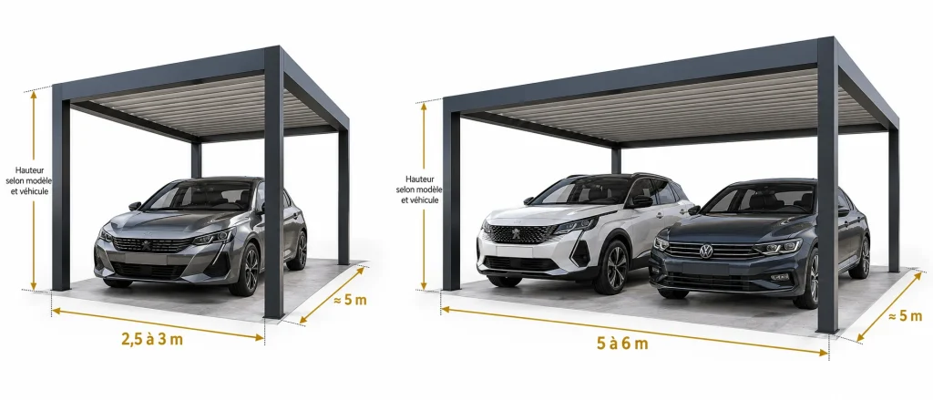 Schéma de deux carports, une place et deux places, avec la largeur, la longueur d'environ 5 m et la hauteur indiquées