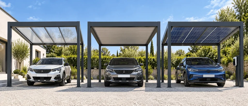 Trois carports en aluminium alignés : toit translucide en polycarbonate, toit opaque et toit couvert de panneaux solaires
