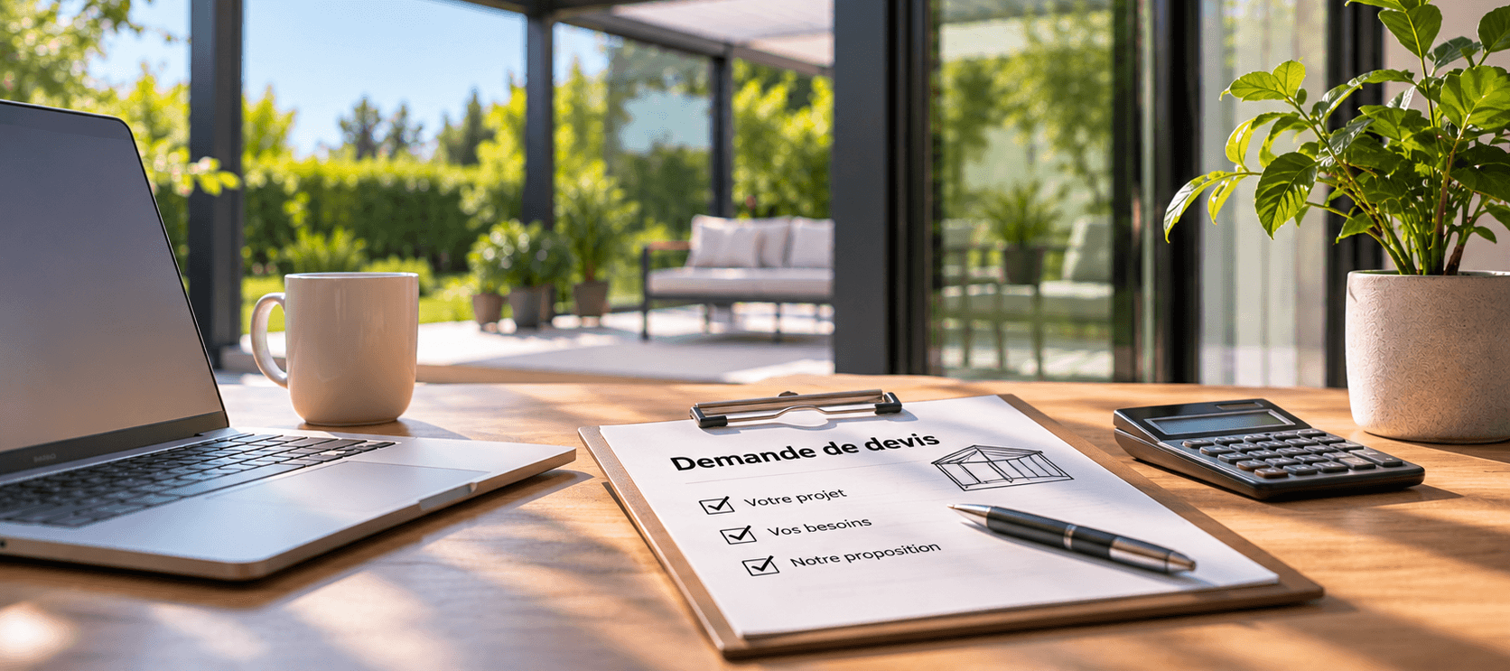 Fiche de demande de devis sur un bureau en bois, à côté d'un ordinateur portable, devant une terrasse couverte d'une pergola