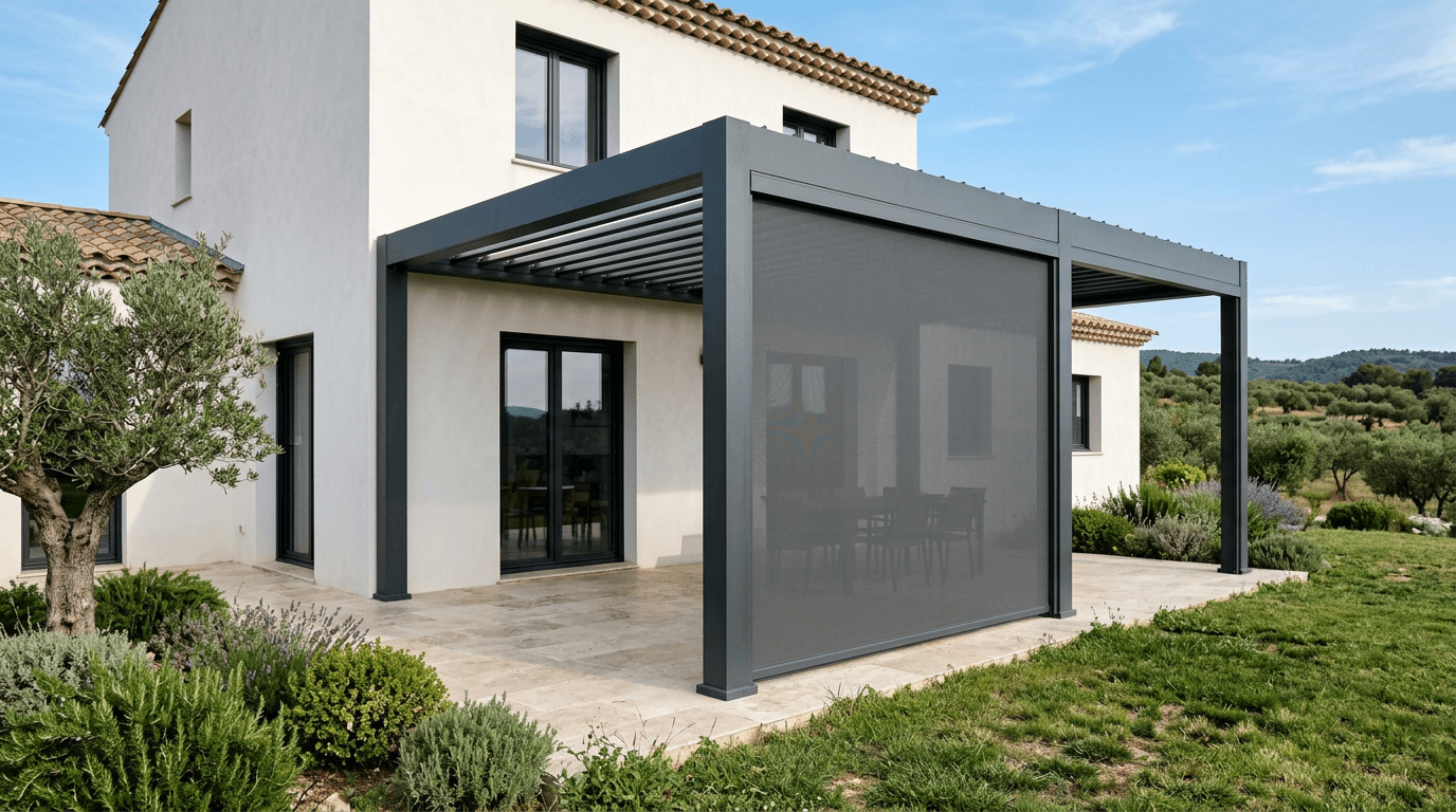 Un store Screen ZIP en toile foncée Pergola bioclimatique gris anthracite adossée à une maison blanche, avec un store Screen ZIP en toile anthracite baissé sur la façade avant