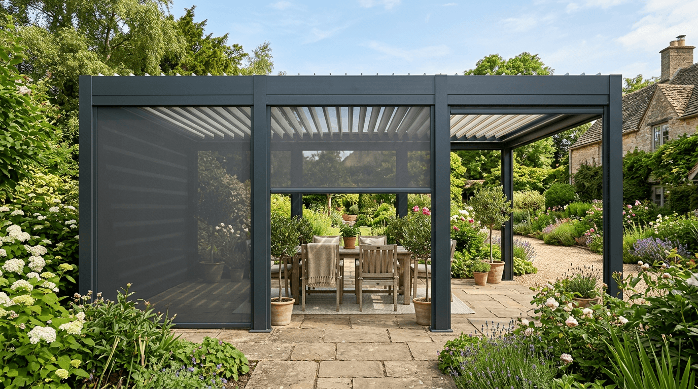 Des stores Screen ZIP réglables côté par côté Pergola bioclimatique autoportée gris anthracite au milieu d'un jardin, avec des stores Screen ZIP baissés à différentes hauteurs au-dessus d'une table
