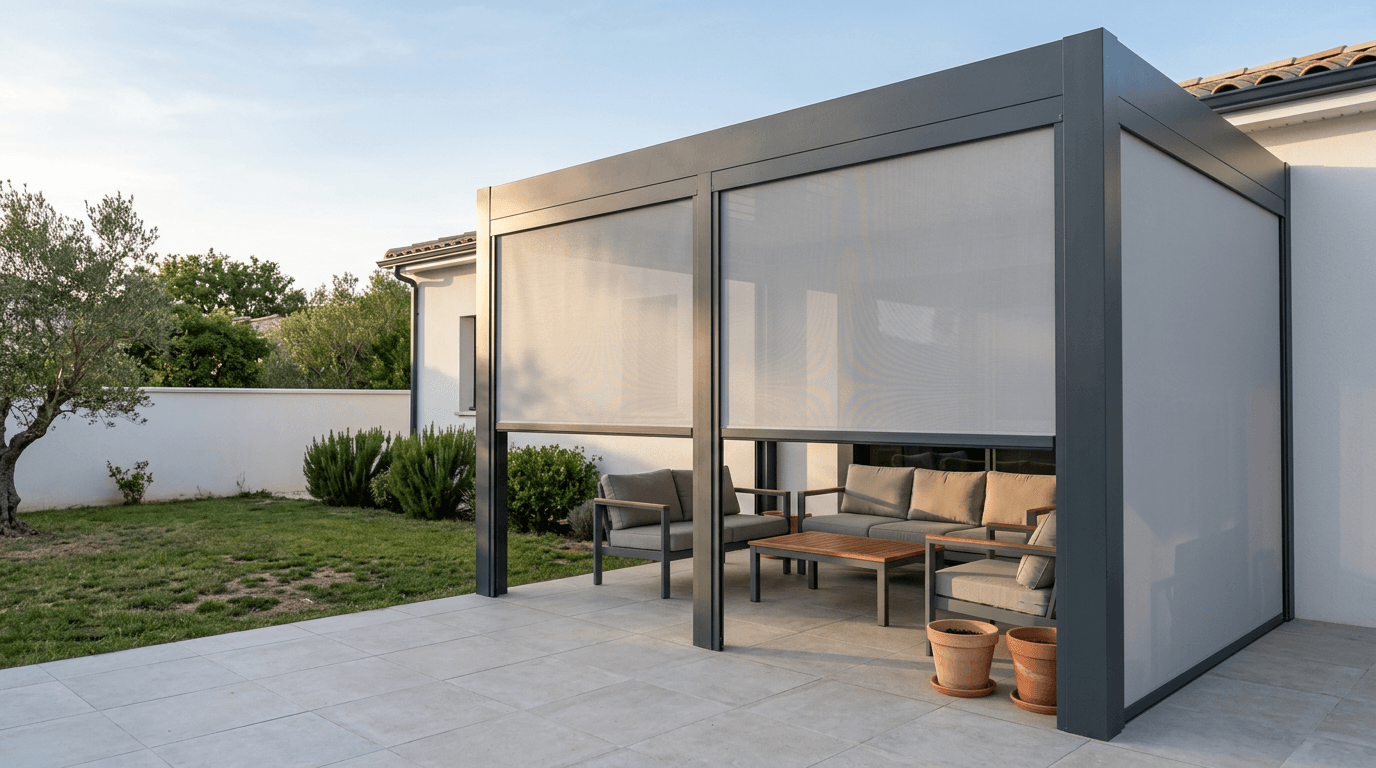 Pergola en aluminium gris anthracite adossée à une maison, fermée par des stores Screen ZIP gris clair à moitié et entièrement baissés, avec un salon de jardin