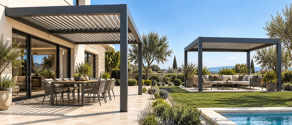 Pergola bioclimatique adossée à la maison au-dessus d'une table, et pergola autoportée abritant un salon près de la piscine