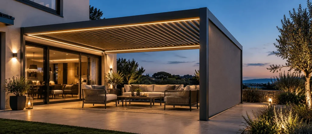 Pergola bioclimatique adossée éclairée par des LED à la nuit tombée, fermée d'un côté par un store, au-dessus d'un salon