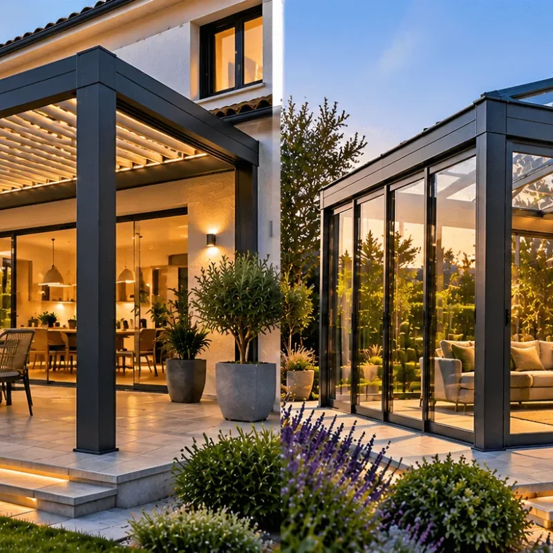 Une pergola bioclimatique sur une terrasse et une véranda vitrée éclairée de l'intérieur, côte à côte au coucher du soleil