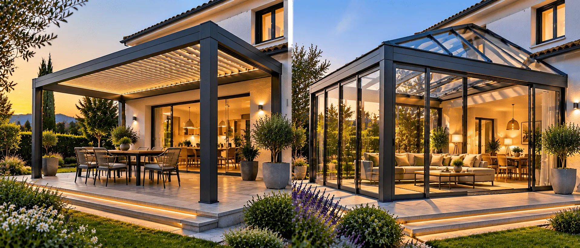 Une pergola bioclimatique sur une terrasse et une véranda vitrée éclairée de l'intérieur, côte à côte au coucher du soleil
