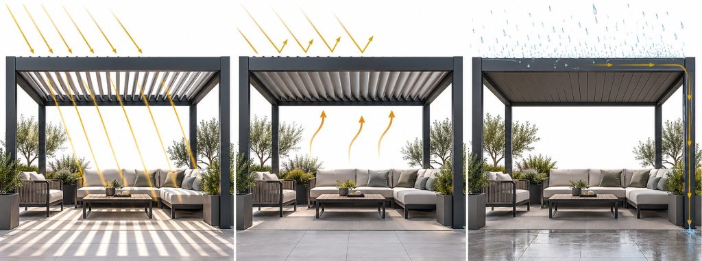 Trois vues d'une même pergola bioclimatique : lames ouvertes au soleil, inclinées pour l'ombre, fermées sous la pluie