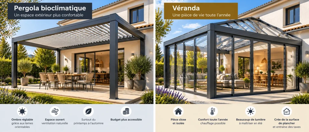 Infographie comparant une pergola bioclimatique, espace extérieur ouvert, et une véranda, pièce close et isolée