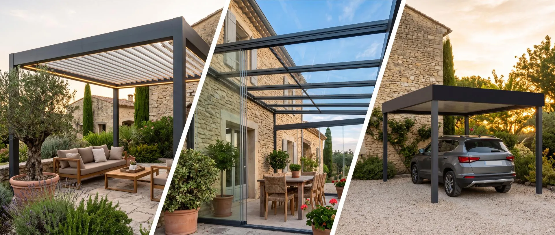 Pergola bioclimatique à lames, pergola à toit en verre et carport en aluminium anthracite devant des maisons en pierre