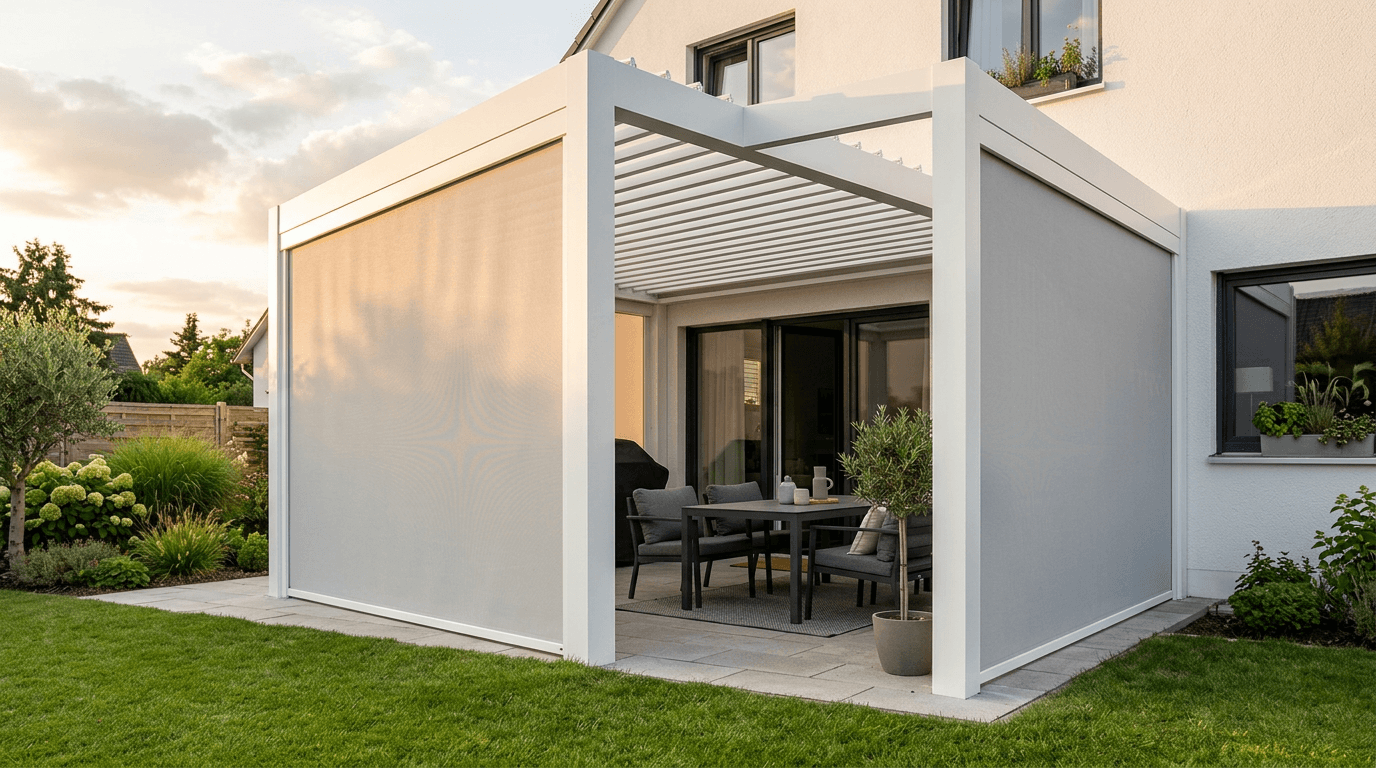 Des stores Screen ZIP sur une pergola blanche Pergola bioclimatique en aluminium blanc adossée à une maison, deux côtés fermés par des stores Screen ZIP gris clair