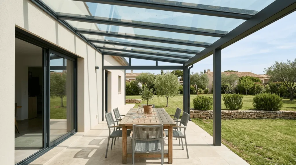 Terrasse couverte d'une toiture en verre fixe à structure aluminium gris anthracite, adossée à une maison, avec une table de jardin et vue sur le jardin