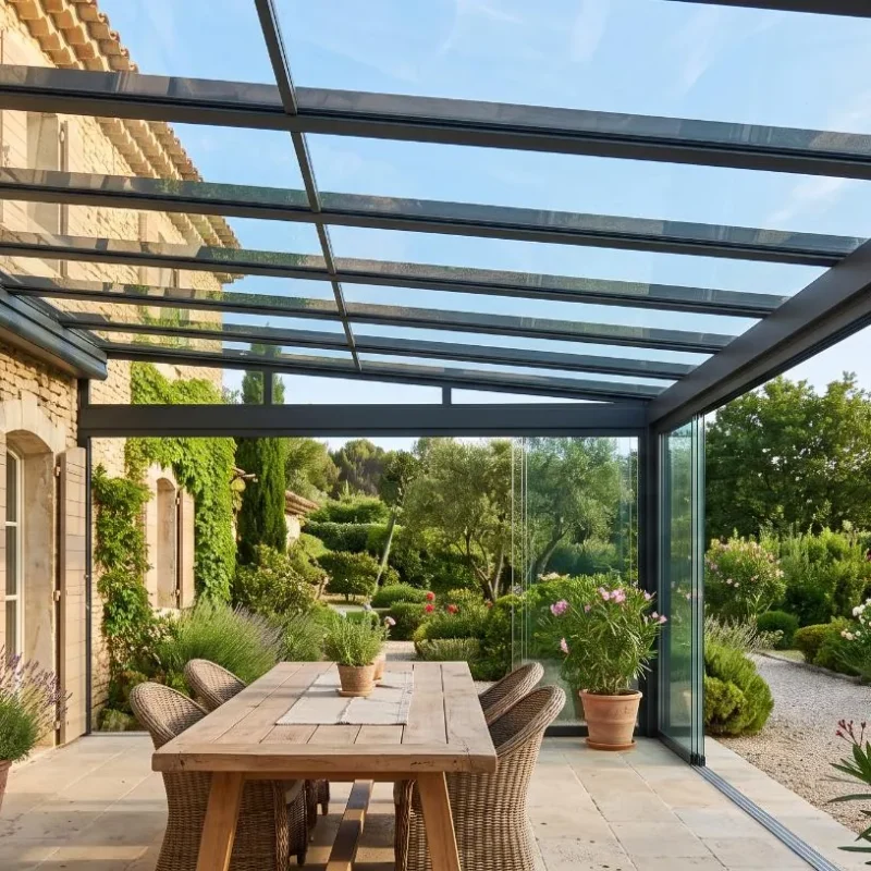 Pergola vitrée en aluminium anthracite adossée à une maison en pierre, toit en verre et rideaux de verre, table de jardin
