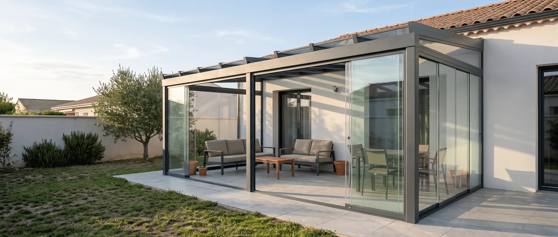 Pergola vitrée en aluminium gris anthracite adossée à une maison blanche, côtés fermés par des rideaux de verre, avec un salon de jardin