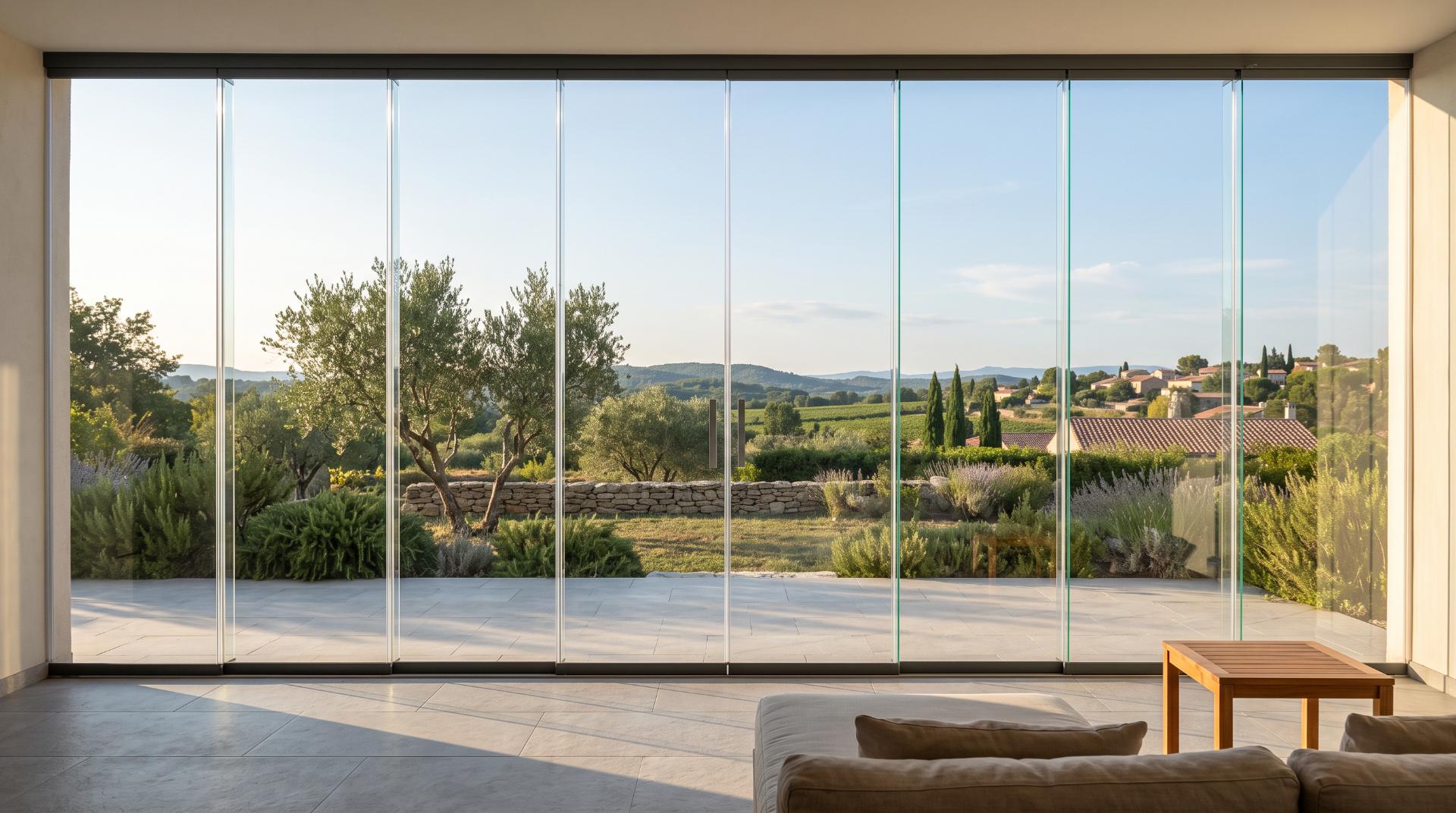 Grand mur de verre fermé vu de l'intérieur, ouvert sur une terrasse, un jardin d'oliviers et des collines au loin